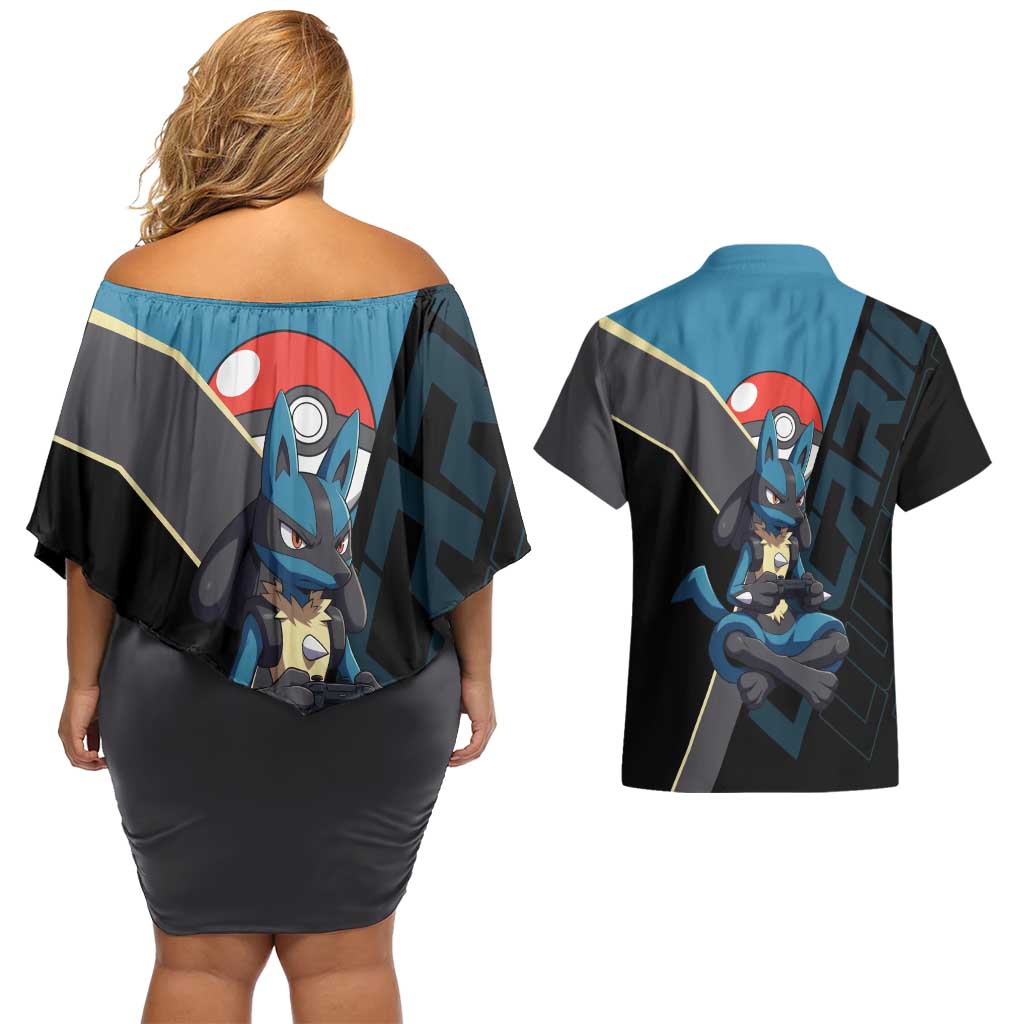 Lucario Poké Couples Matching Off Shoulder Short Dress and Hawaiian Shirt Edgy Retro Anime Style