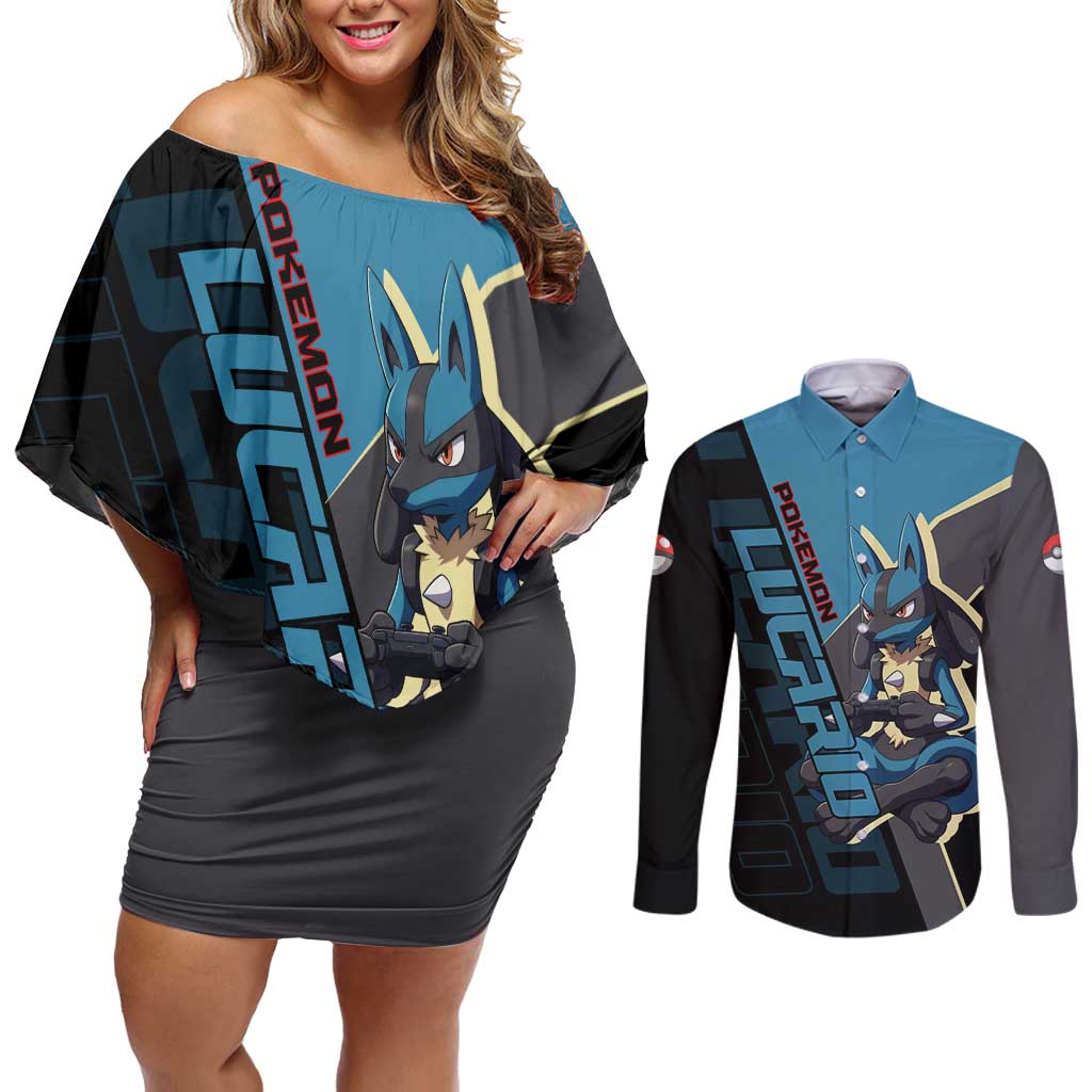 Lucario Poké Couples Matching Off Shoulder Short Dress and Long Sleeve Button Shirt Edgy Retro Anime Style
