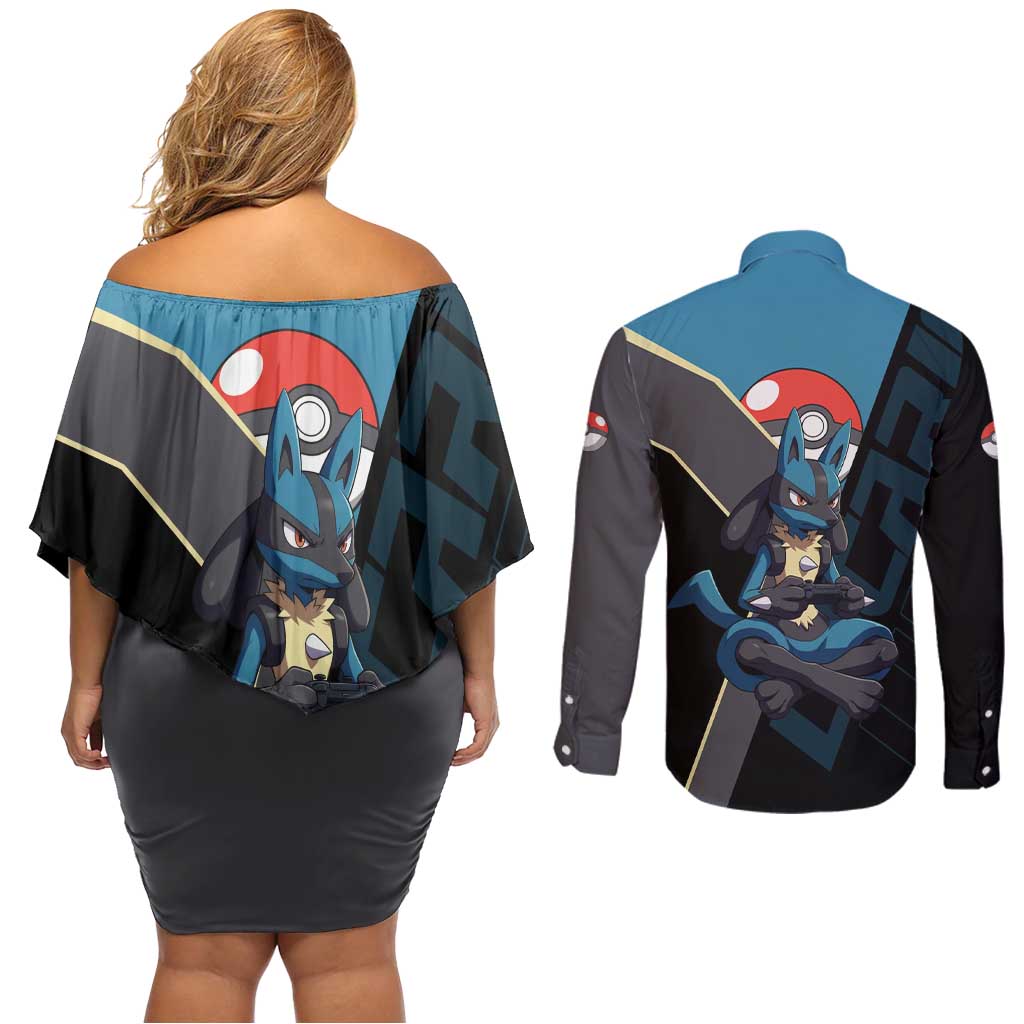 Lucario Poké Couples Matching Off Shoulder Short Dress and Long Sleeve Button Shirt Edgy Retro Anime Style