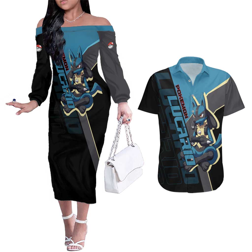 Lucario Poké Couples Matching Off The Shoulder Long Sleeve Dress and Hawaiian Shirt Edgy Retro Anime Style