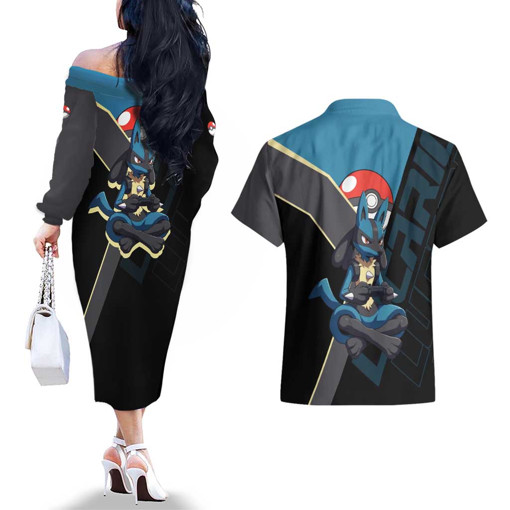 Lucario Poké Couples Matching Off The Shoulder Long Sleeve Dress and Hawaiian Shirt Edgy Retro Anime Style