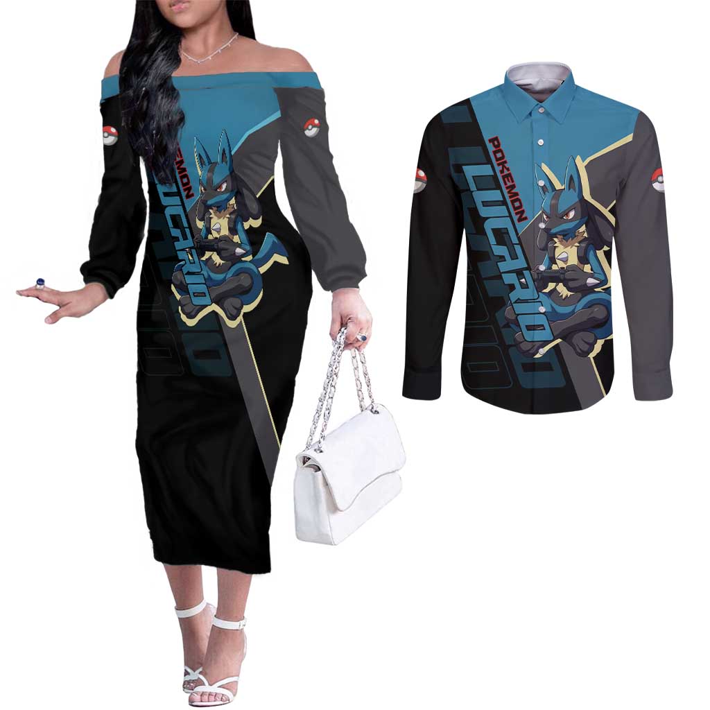 Lucario Poké Couples Matching Off The Shoulder Long Sleeve Dress and Long Sleeve Button Shirt Edgy Retro Anime Style