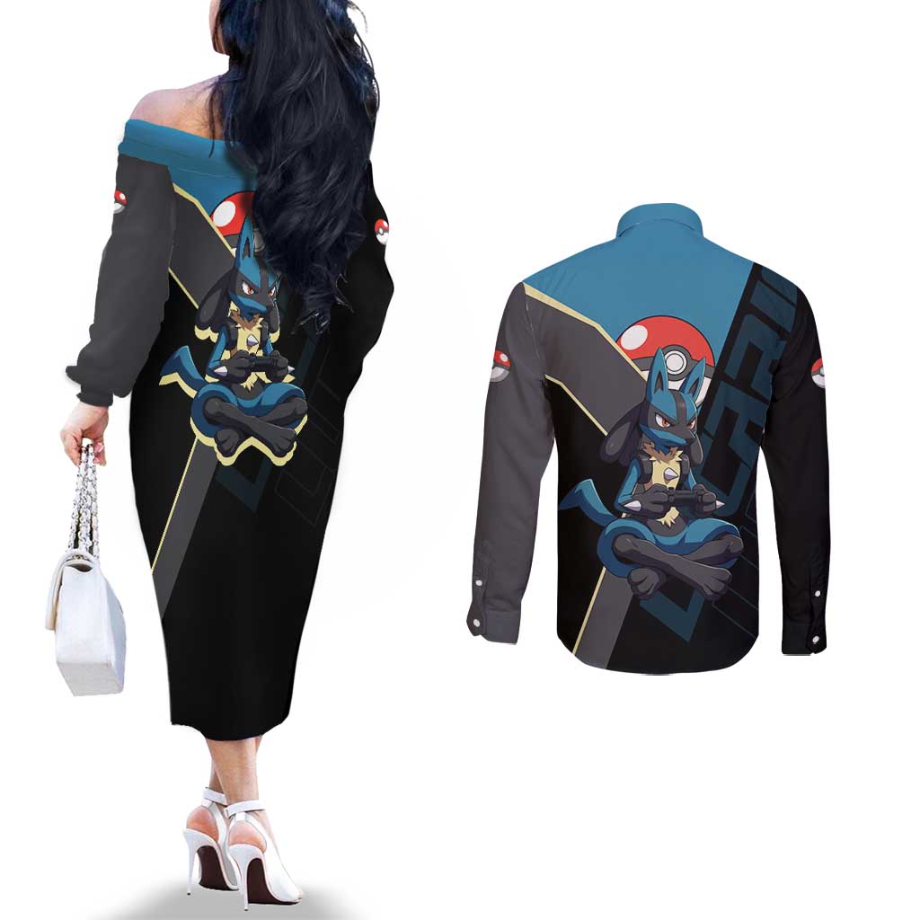 Lucario Poké Couples Matching Off The Shoulder Long Sleeve Dress and Long Sleeve Button Shirt Edgy Retro Anime Style