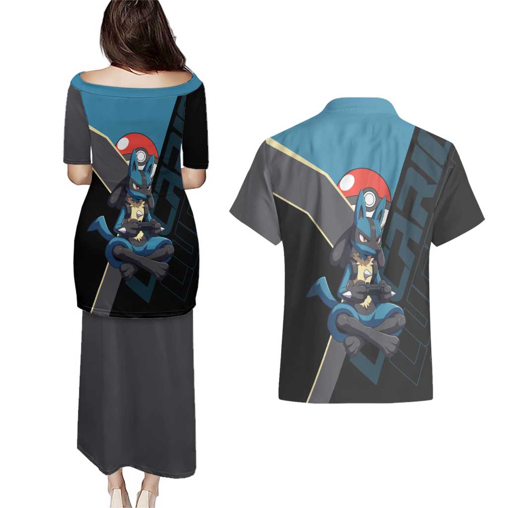 Lucario Poké Couples Matching Puletasi and Hawaiian Shirt Edgy Retro Anime Style