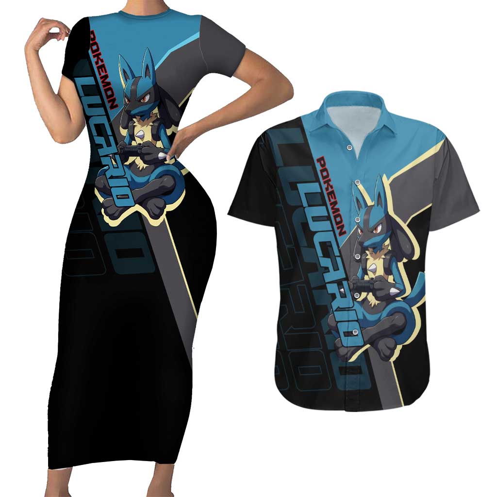 Lucario Poké Couples Matching Short Sleeve Bodycon Dress and Hawaiian Shirt Edgy Retro Anime Style