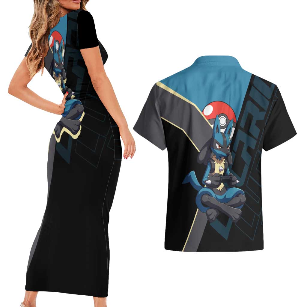 Lucario Poké Couples Matching Short Sleeve Bodycon Dress and Hawaiian Shirt Edgy Retro Anime Style