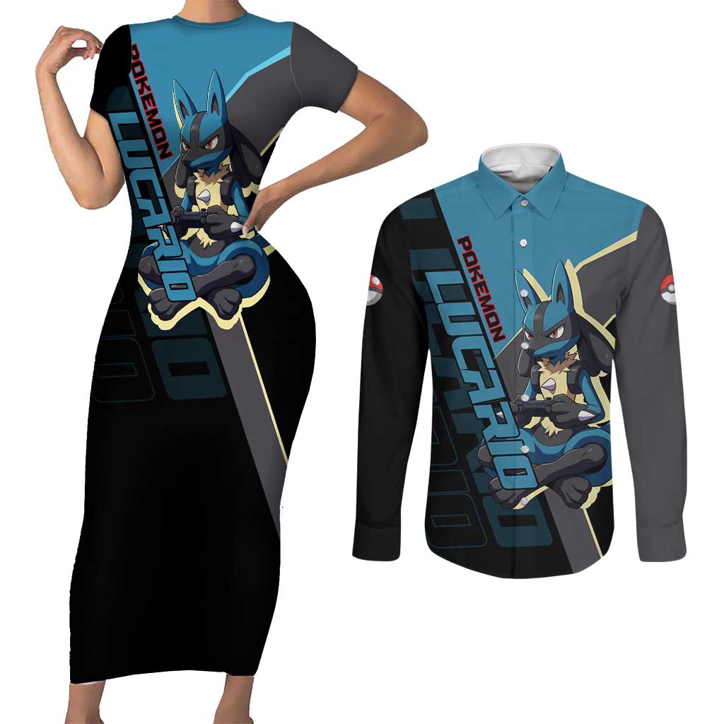 Lucario Poké Couples Matching Short Sleeve Bodycon Dress and Long Sleeve Button Shirt Edgy Retro Anime Style
