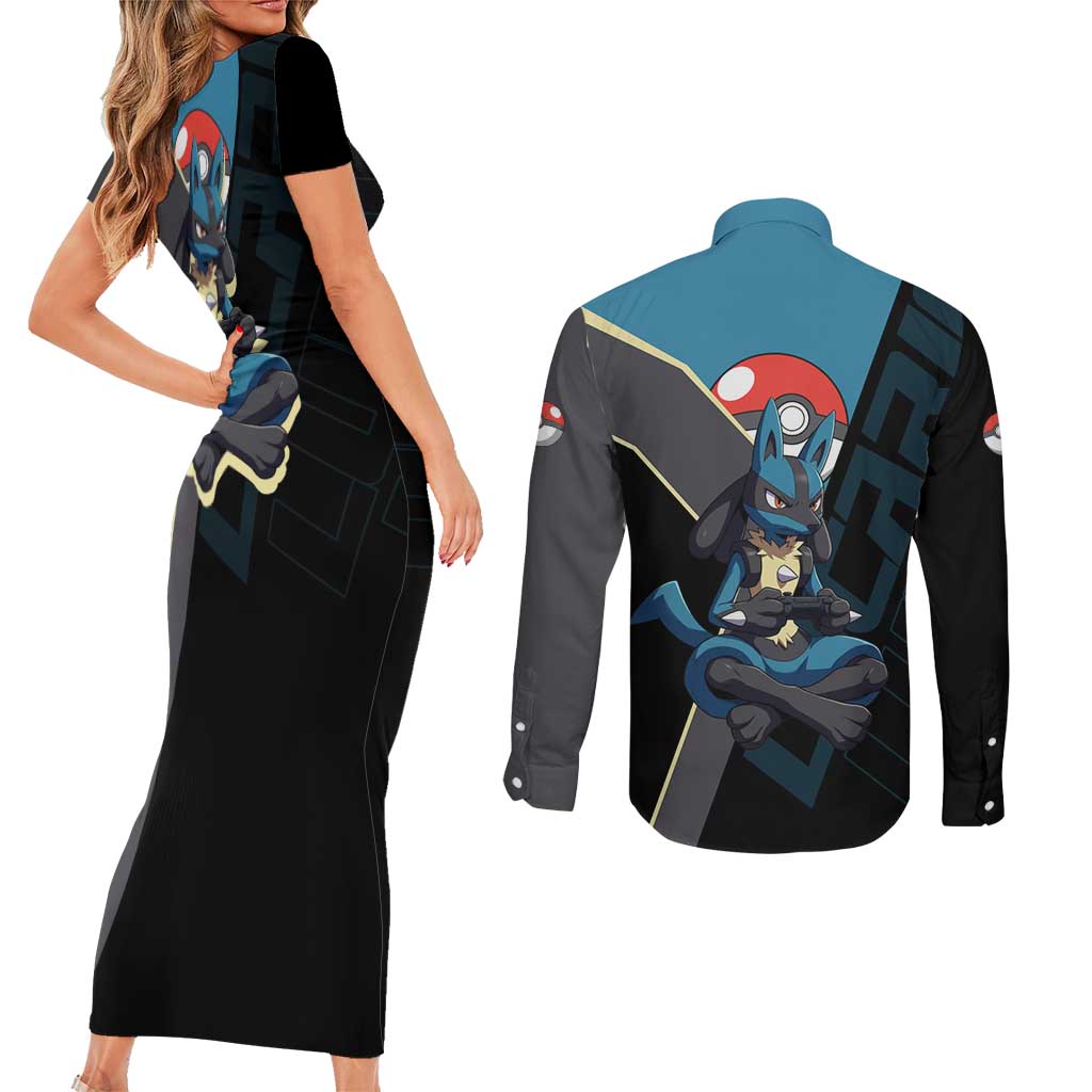 Lucario Poké Couples Matching Short Sleeve Bodycon Dress and Long Sleeve Button Shirt Edgy Retro Anime Style