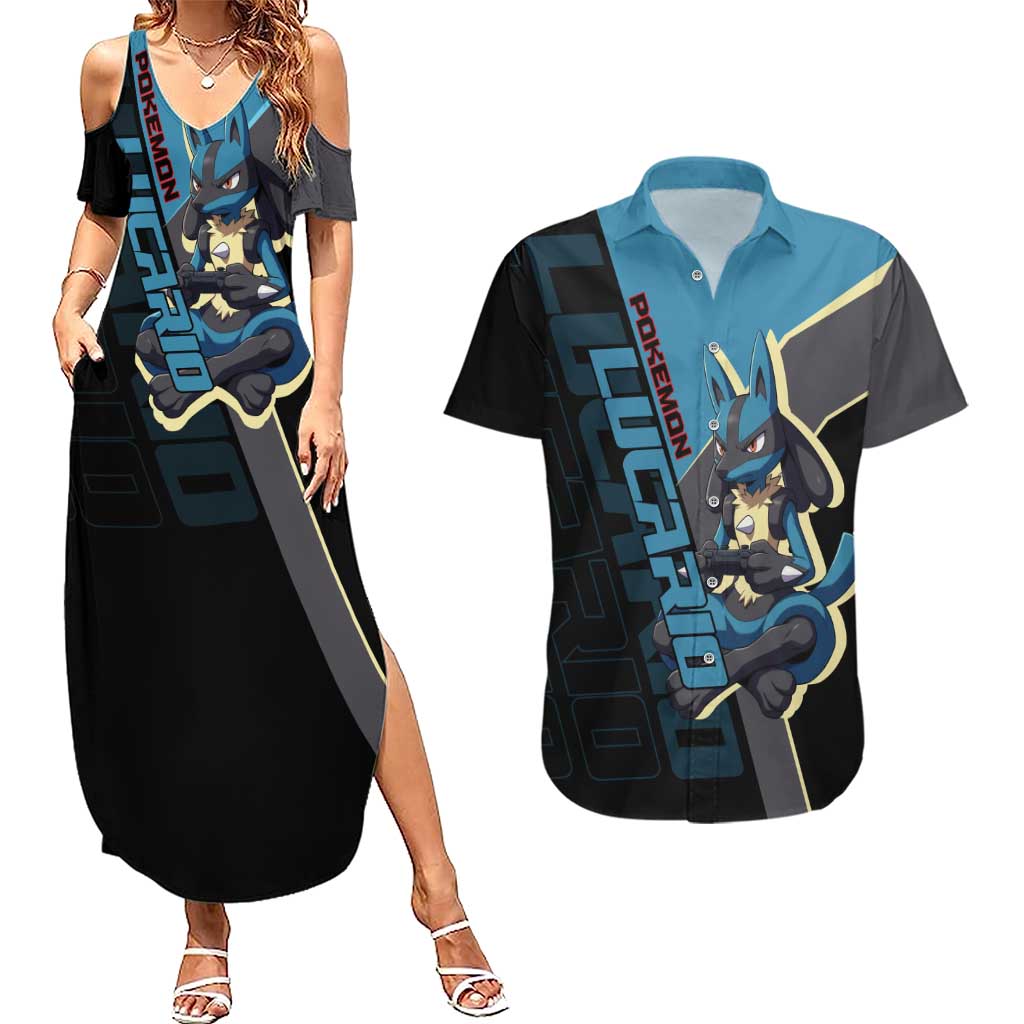 Lucario Poké Couples Matching Summer Maxi Dress and Hawaiian Shirt Edgy Retro Anime Style
