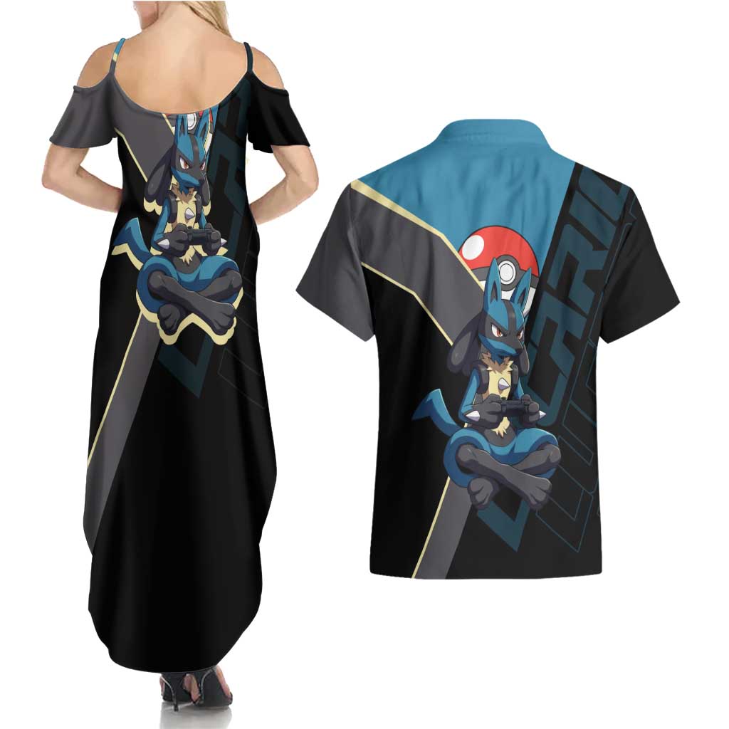 Lucario Poké Couples Matching Summer Maxi Dress and Hawaiian Shirt Edgy Retro Anime Style