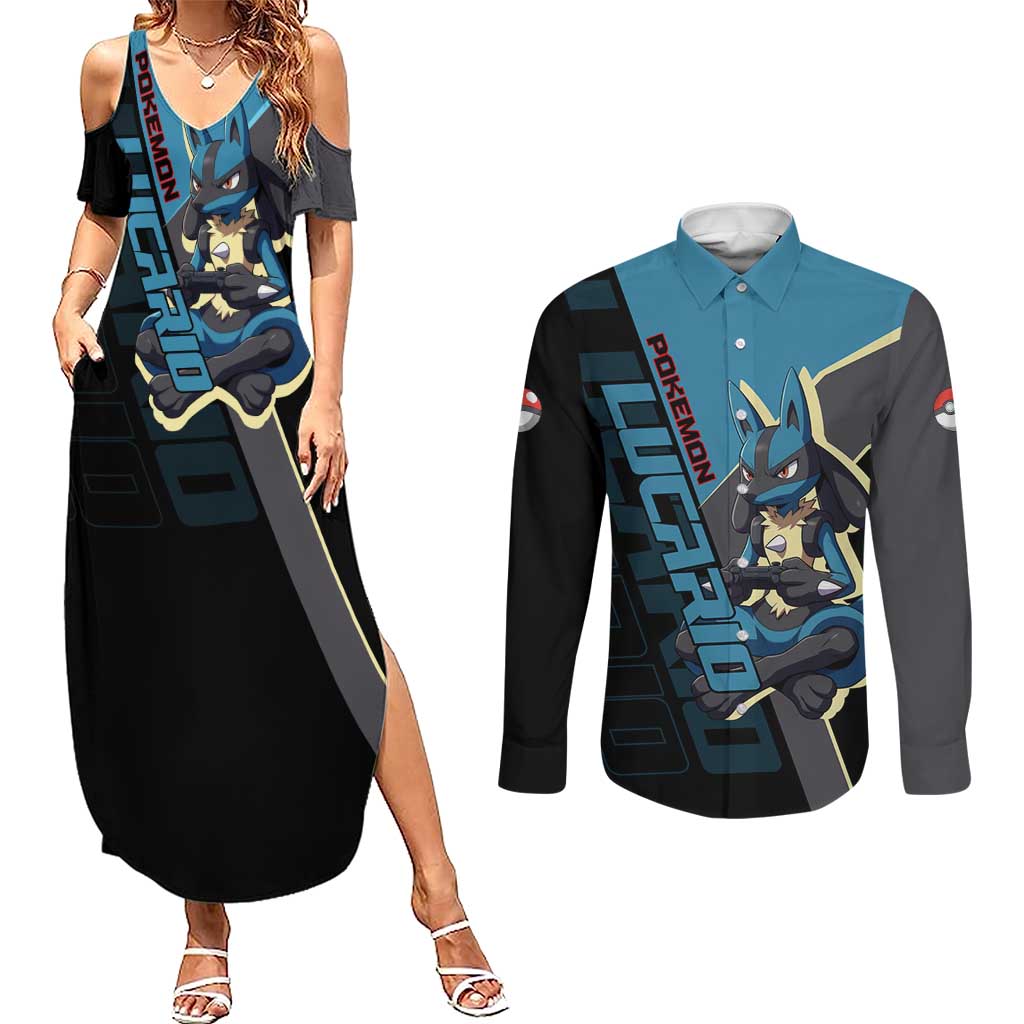 Lucario Poké Couples Matching Summer Maxi Dress and Long Sleeve Button Shirt Edgy Retro Anime Style