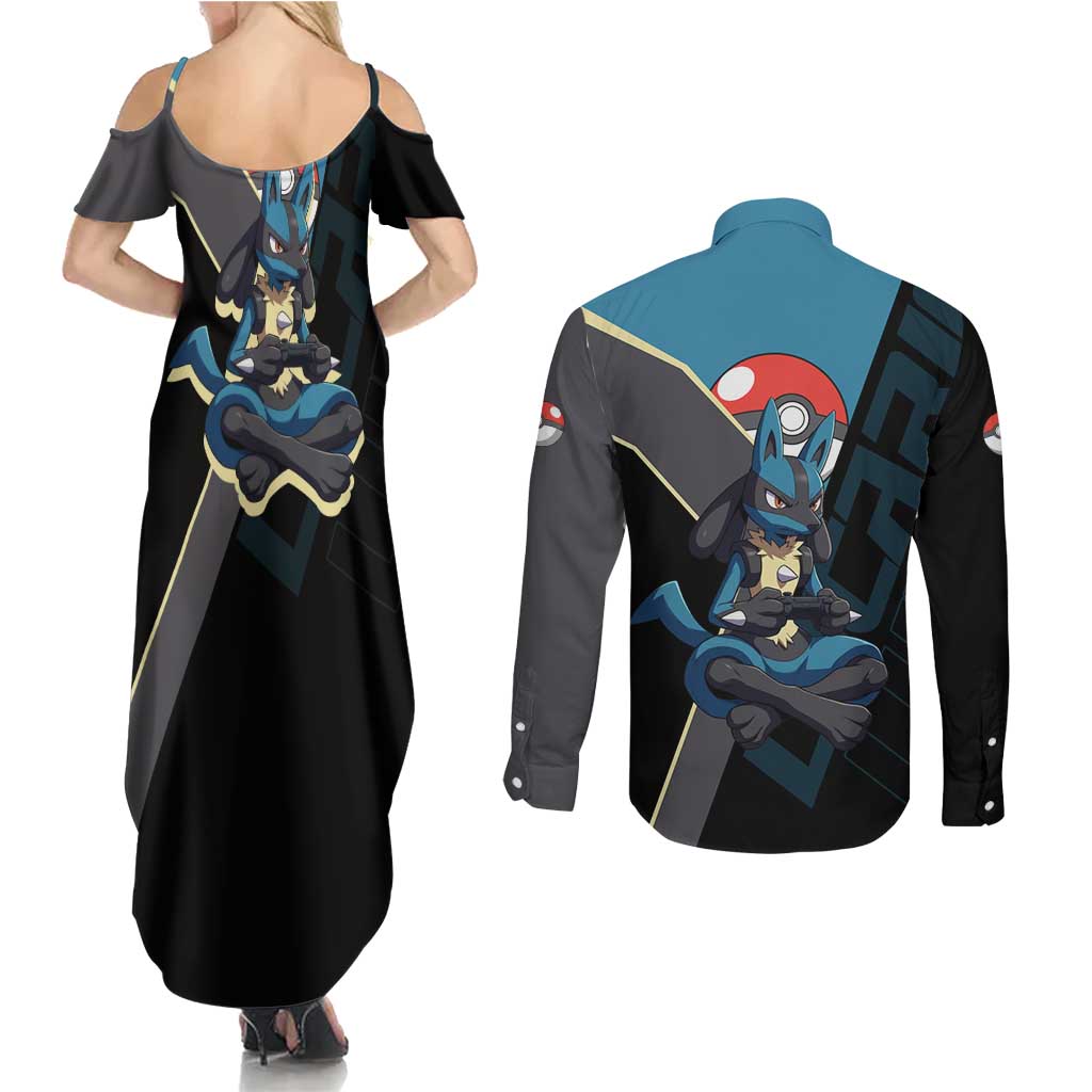 Lucario Poké Couples Matching Summer Maxi Dress and Long Sleeve Button Shirt Edgy Retro Anime Style