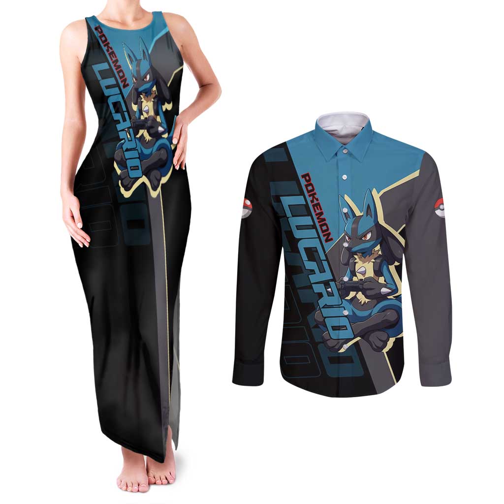 Lucario Poké Couples Matching Tank Maxi Dress and Long Sleeve Button Shirt Edgy Retro Anime Style
