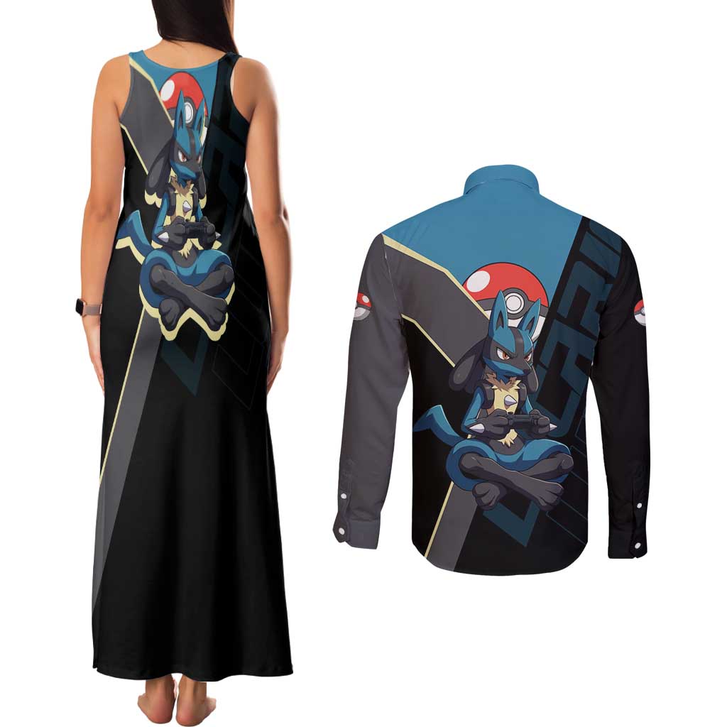 Lucario Poké Couples Matching Tank Maxi Dress and Long Sleeve Button Shirt Edgy Retro Anime Style