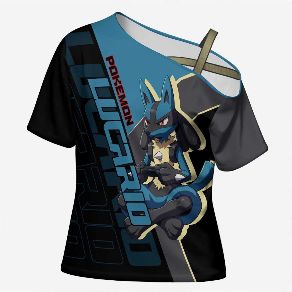 Lucario Poké Cross Shoulder Shirt Edgy Retro Anime Style