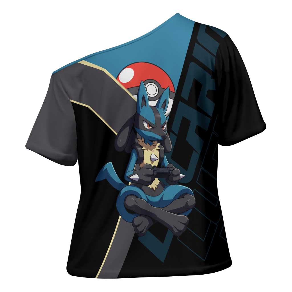 Lucario Poké Cross Shoulder Shirt Edgy Retro Anime Style