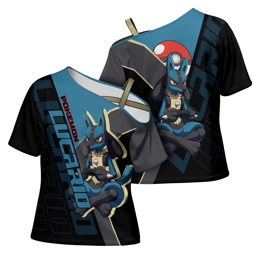 Lucario Poké Cross Shoulder Shirt Edgy Retro Anime Style