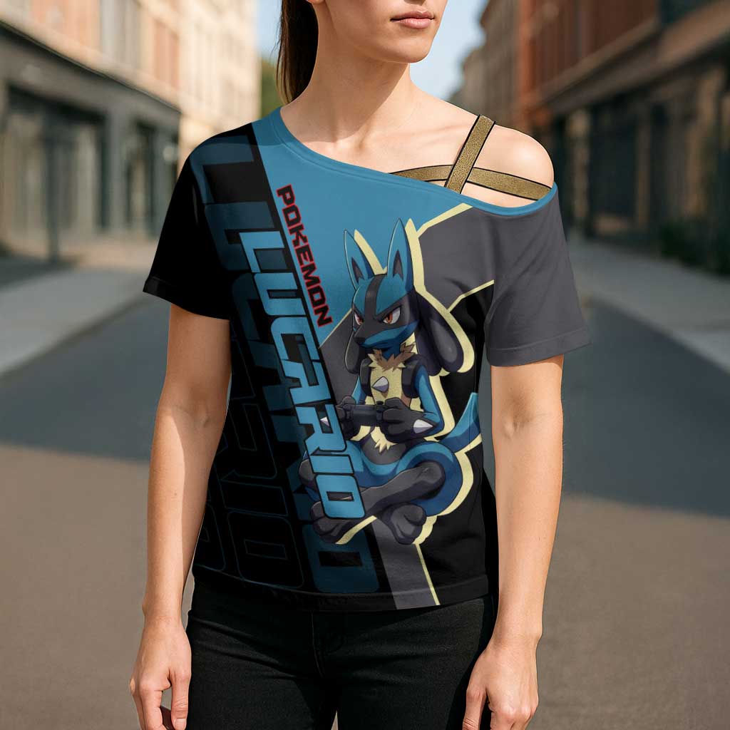 Lucario Poké Cross Shoulder Shirt Edgy Retro Anime Style