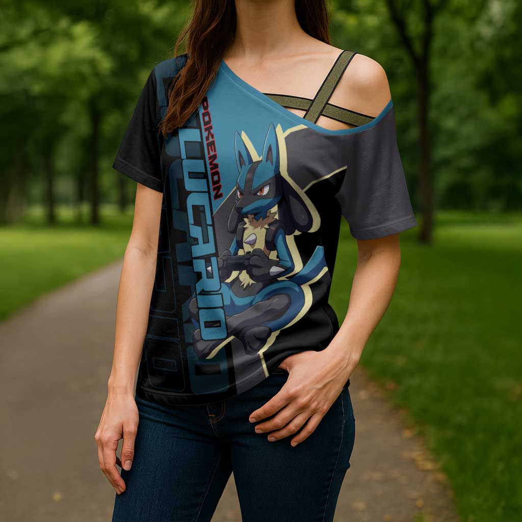 Lucario Poké Cross Shoulder Shirt Edgy Retro Anime Style