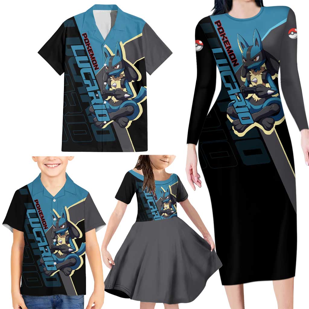 Lucario Poké Family Matching Long Sleeve Bodycon Dress and Hawaiian Shirt Edgy Retro Anime Style