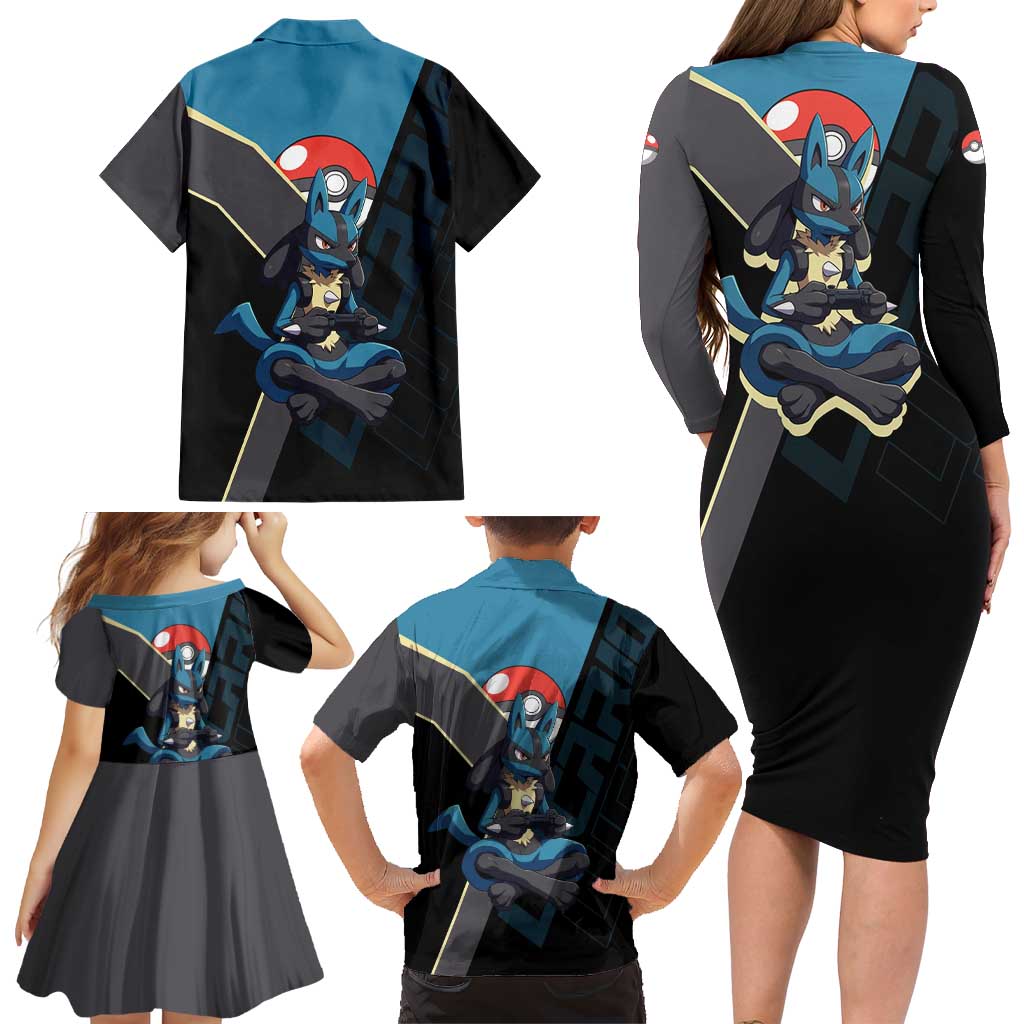 Lucario Poké Family Matching Long Sleeve Bodycon Dress and Hawaiian Shirt Edgy Retro Anime Style