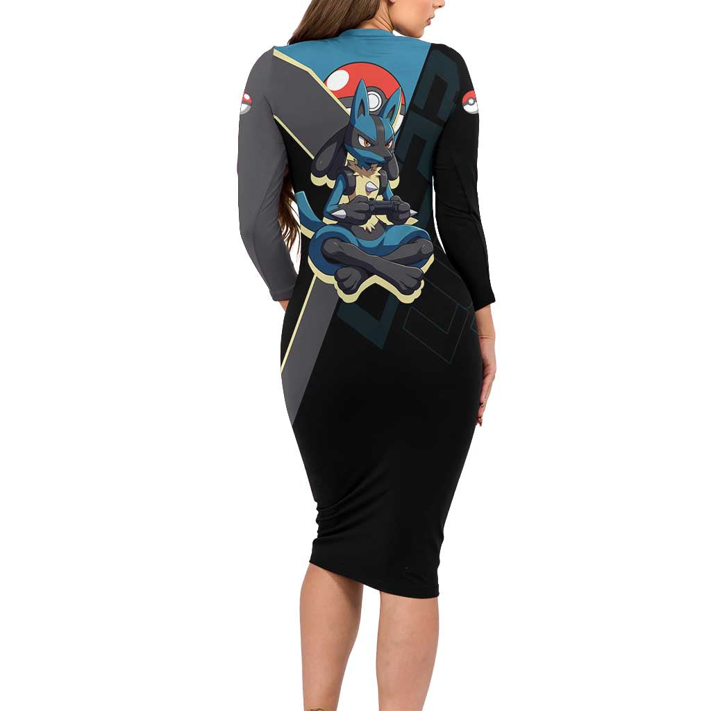 Lucario Poké Family Matching Long Sleeve Bodycon Dress and Hawaiian Shirt Edgy Retro Anime Style