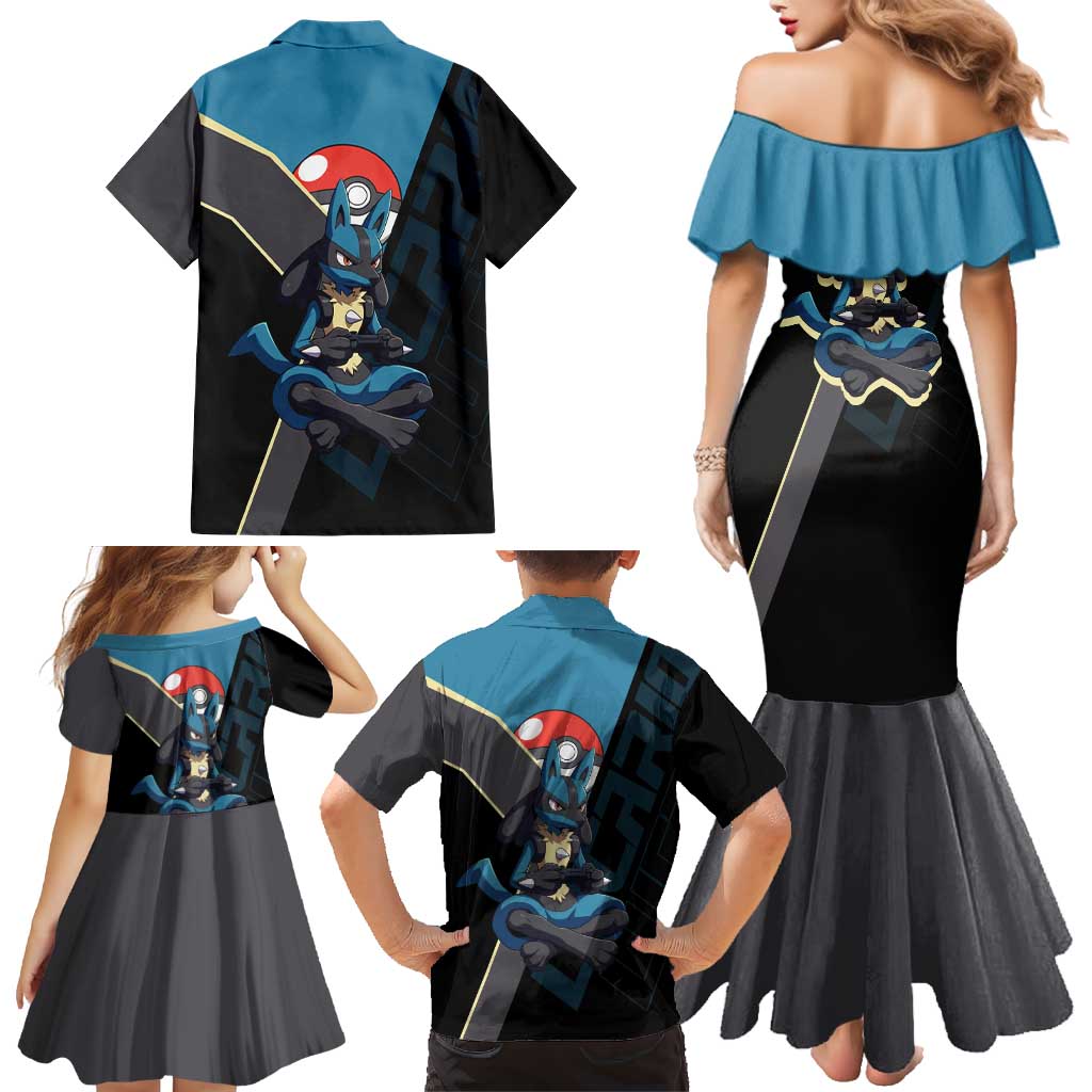 Lucario Poké Family Matching Mermaid Dress and Hawaiian Shirt Edgy Retro Anime Style