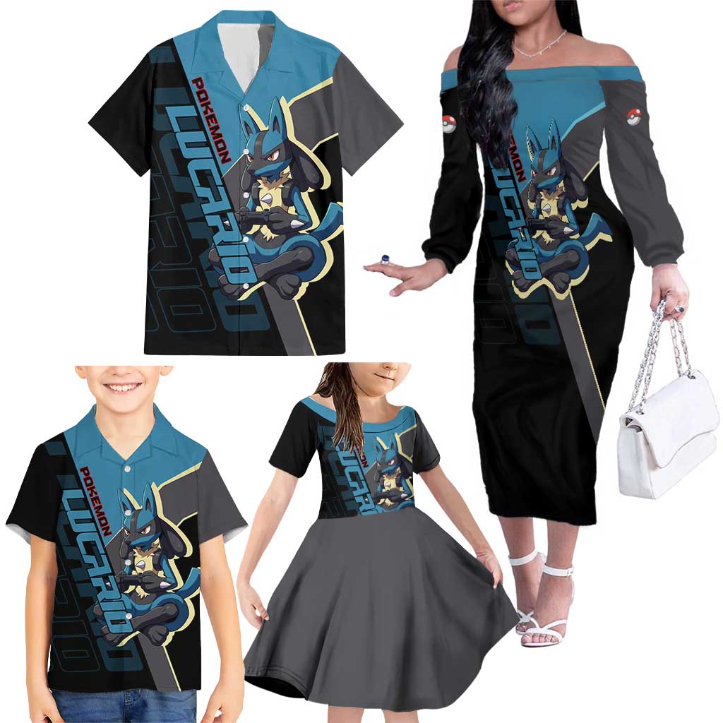 Lucario Poké Family Matching Off The Shoulder Long Sleeve Dress and Hawaiian Shirt Edgy Retro Anime Style