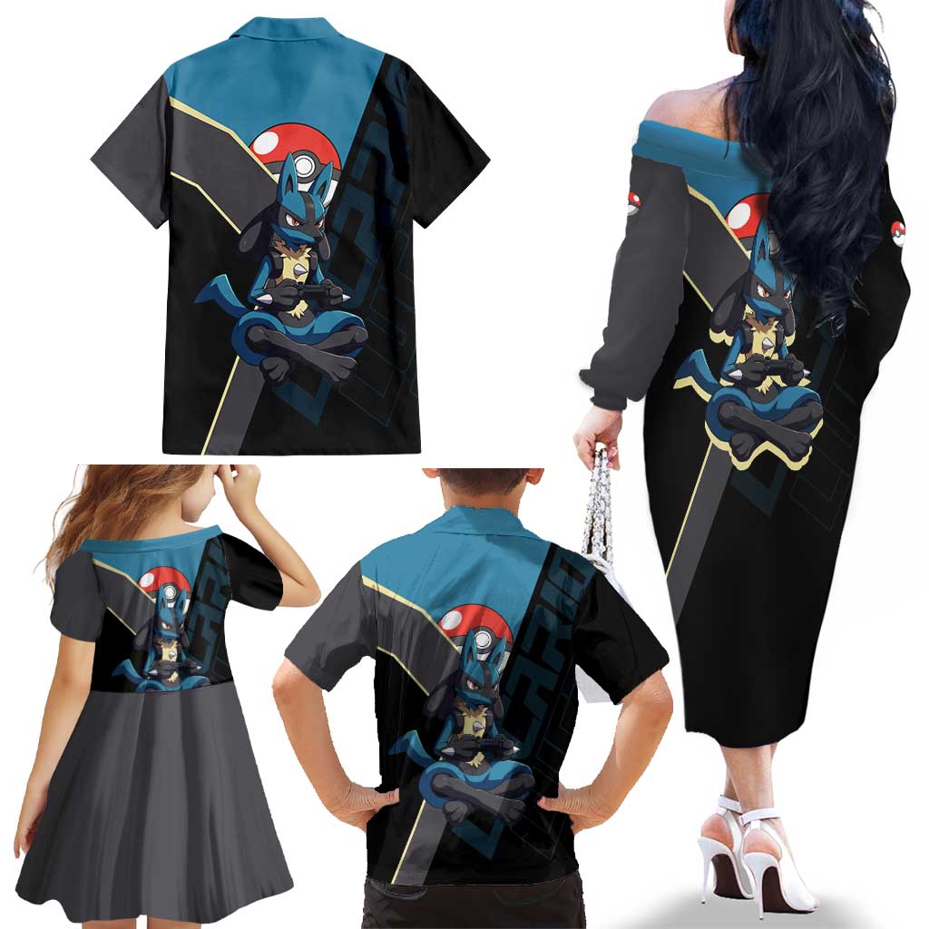 Lucario Poké Family Matching Off The Shoulder Long Sleeve Dress and Hawaiian Shirt Edgy Retro Anime Style