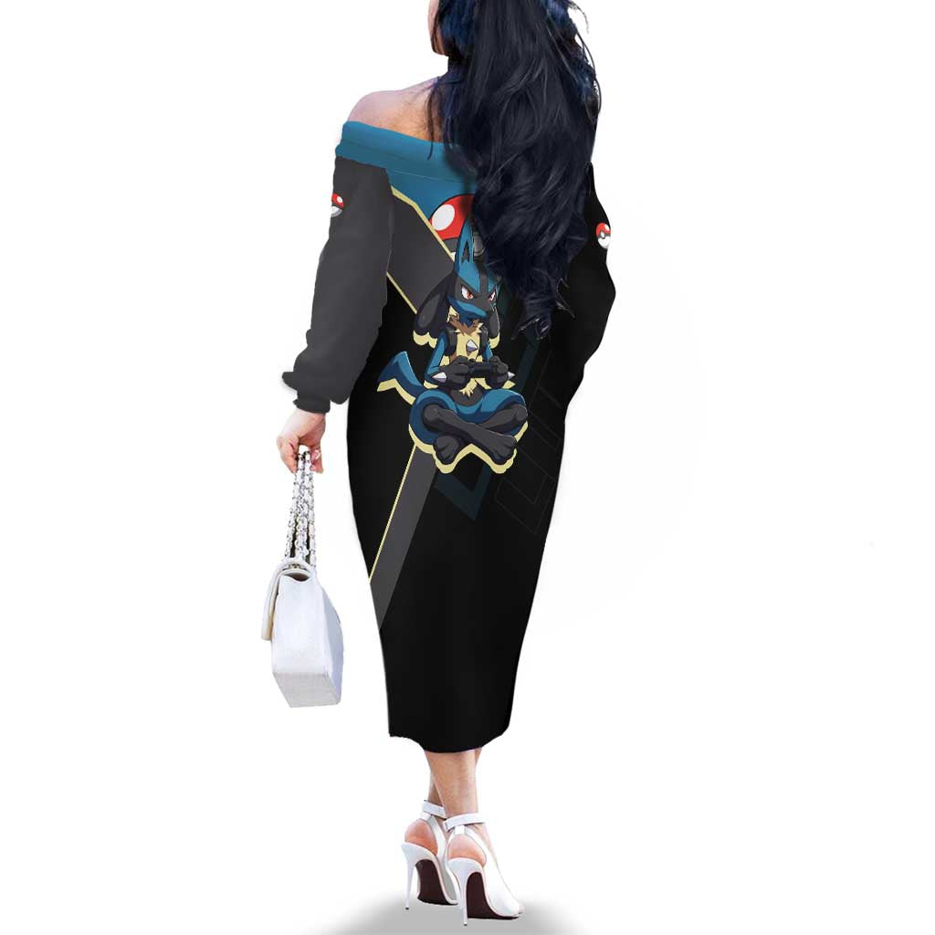 Lucario Poké Family Matching Off The Shoulder Long Sleeve Dress and Hawaiian Shirt Edgy Retro Anime Style