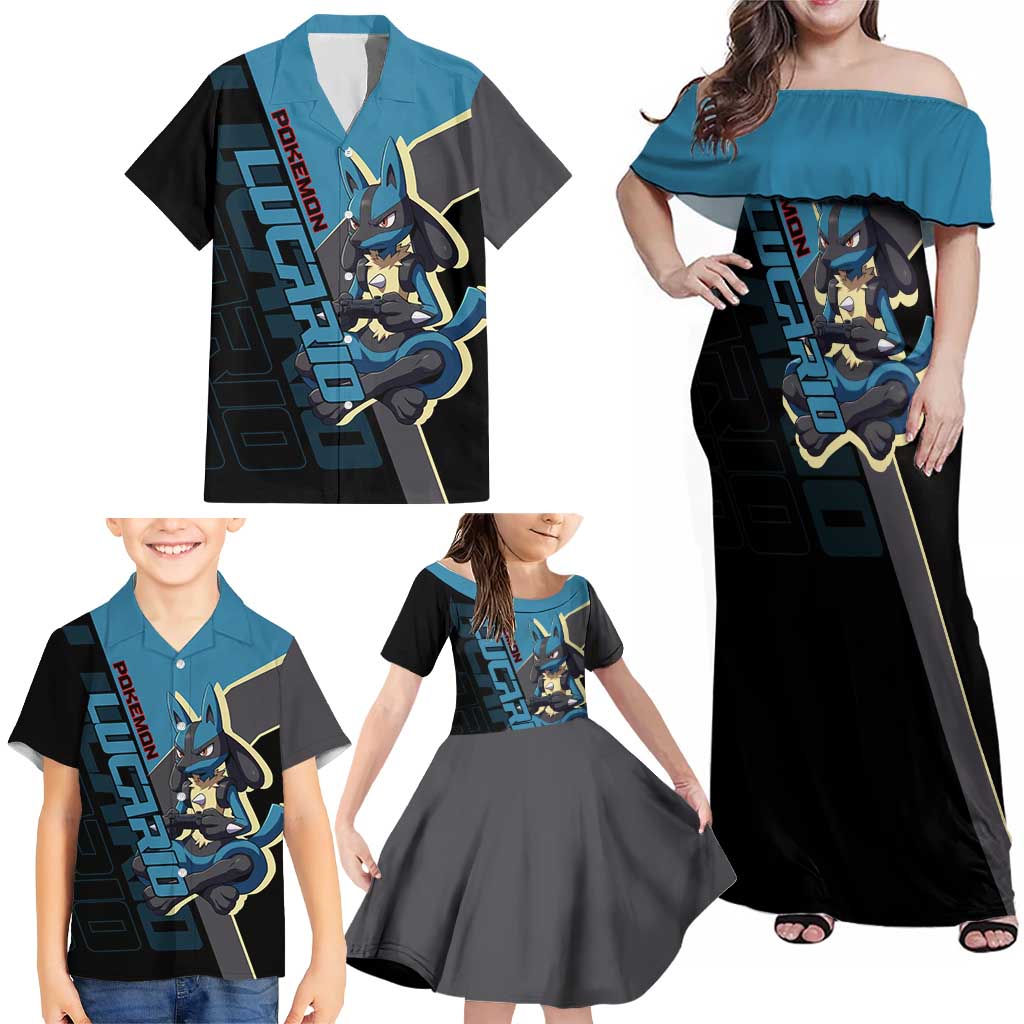 Lucario Poké Family Matching Off Shoulder Maxi Dress and Hawaiian Shirt Edgy Retro Anime Style