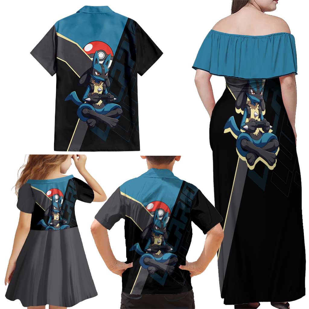 Lucario Poké Family Matching Off Shoulder Maxi Dress and Hawaiian Shirt Edgy Retro Anime Style
