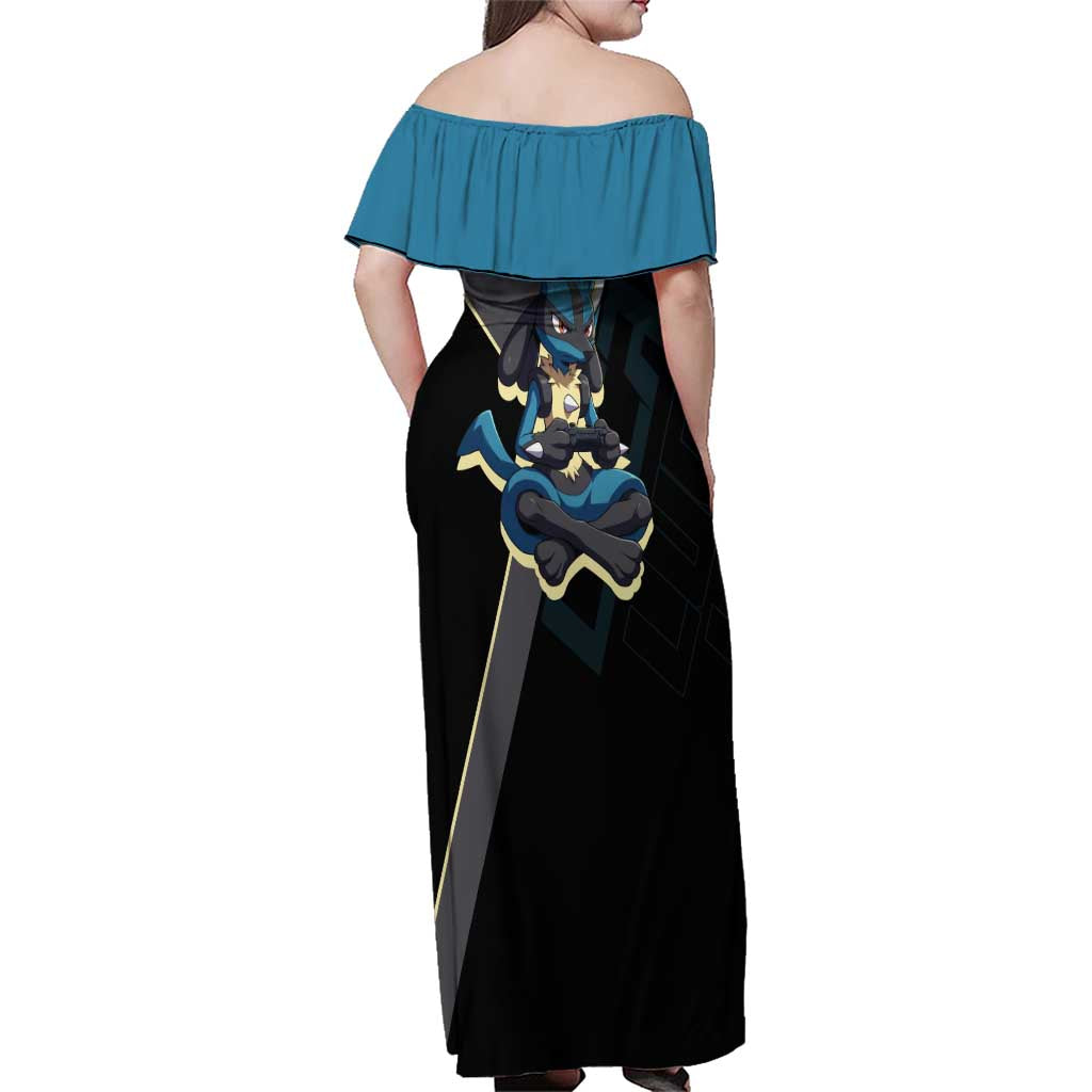 Lucario Poké Family Matching Off Shoulder Maxi Dress and Hawaiian Shirt Edgy Retro Anime Style