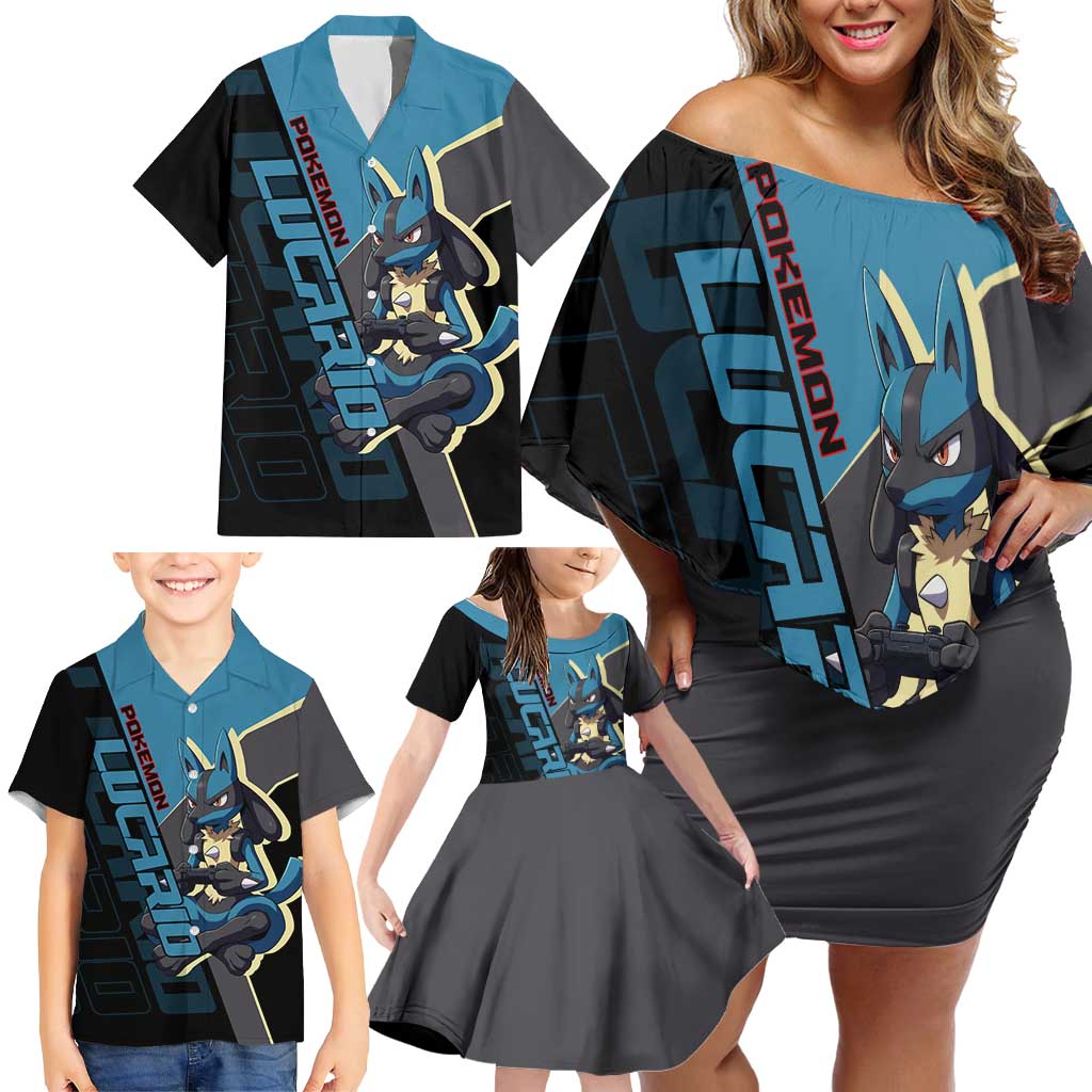 Lucario Poké Family Matching Off Shoulder Short Dress and Hawaiian Shirt Edgy Retro Anime Style