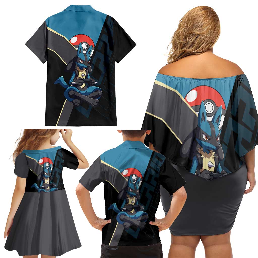 Lucario Poké Family Matching Off Shoulder Short Dress and Hawaiian Shirt Edgy Retro Anime Style