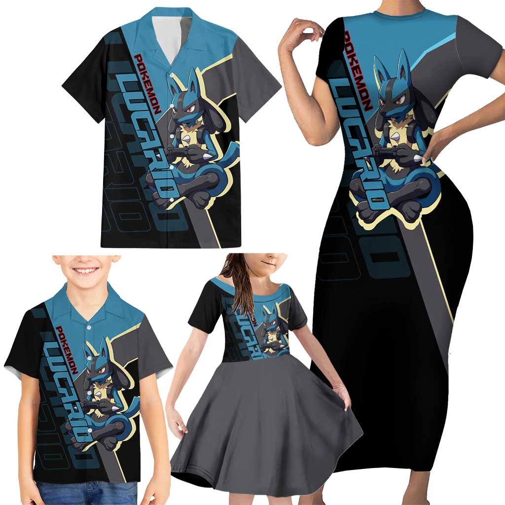 Lucario Poké Family Matching Short Sleeve Bodycon Dress and Hawaiian Shirt Edgy Retro Anime Style