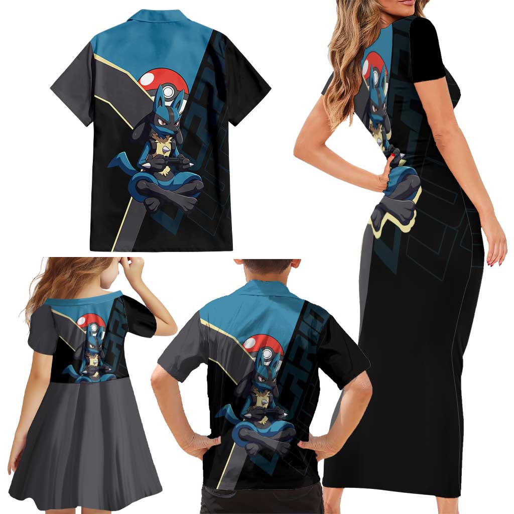Lucario Poké Family Matching Short Sleeve Bodycon Dress and Hawaiian Shirt Edgy Retro Anime Style
