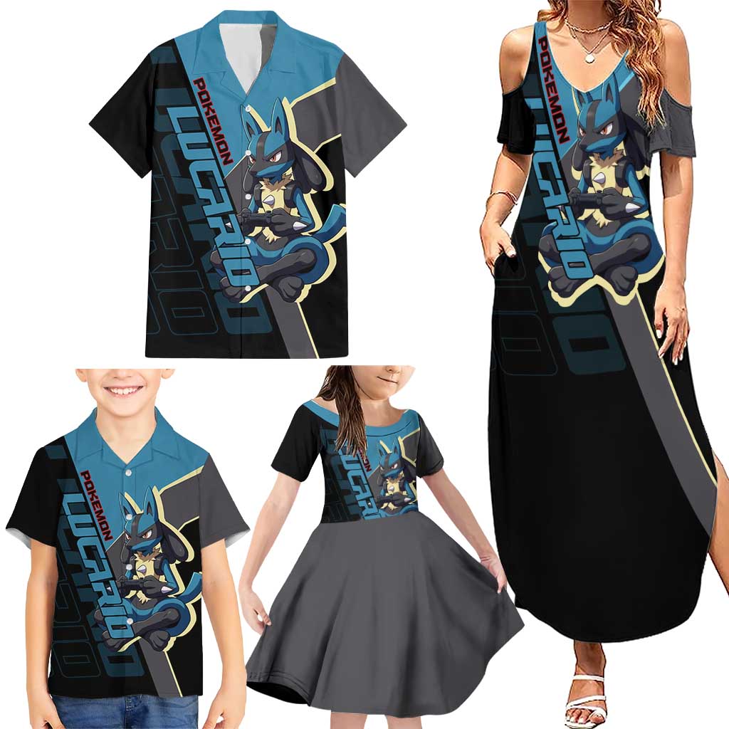 Lucario Poké Family Matching Summer Maxi Dress and Hawaiian Shirt Edgy Retro Anime Style