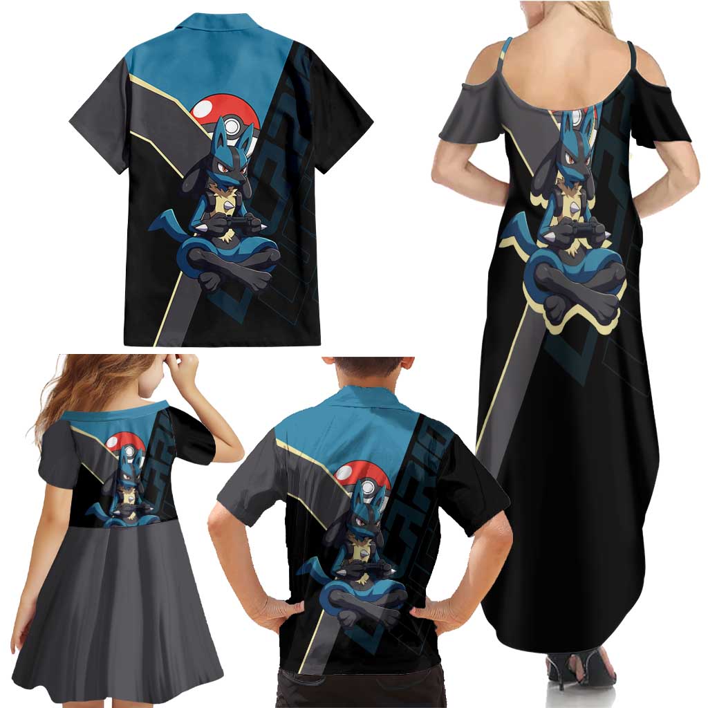 Lucario Poké Family Matching Summer Maxi Dress and Hawaiian Shirt Edgy Retro Anime Style