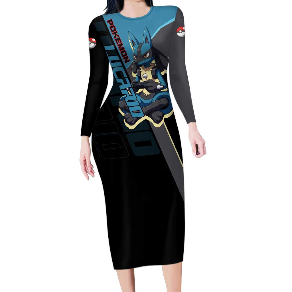 Lucario Poké Long Sleeve Bodycon Dress Edgy Retro Anime Style