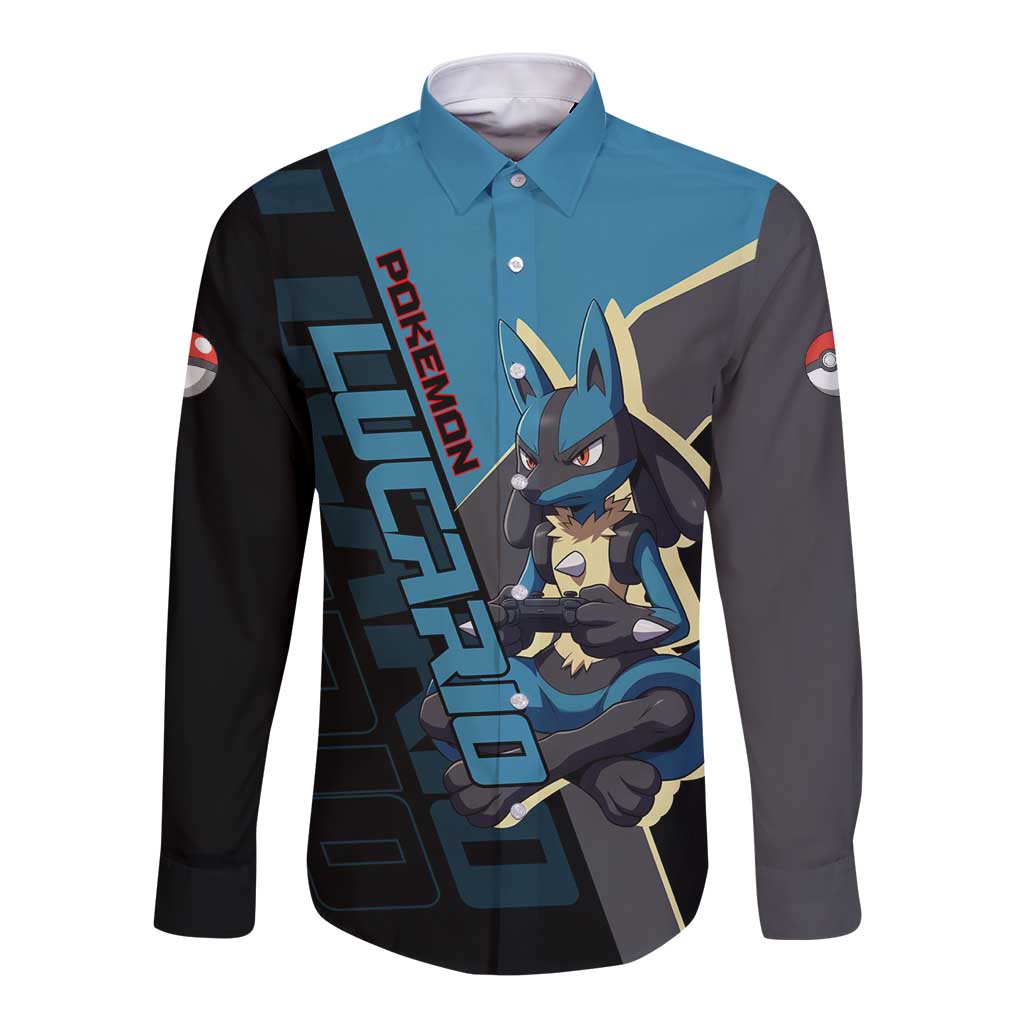 Lucario Poké Long Sleeve Button Shirt Edgy Retro Anime Style