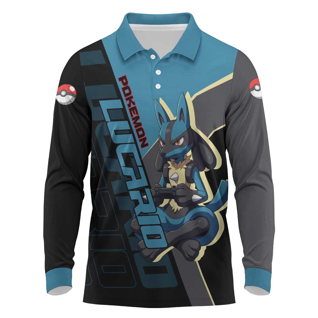 Lucario Poké Long Sleeve Polo Shirt Edgy Retro Anime Style
