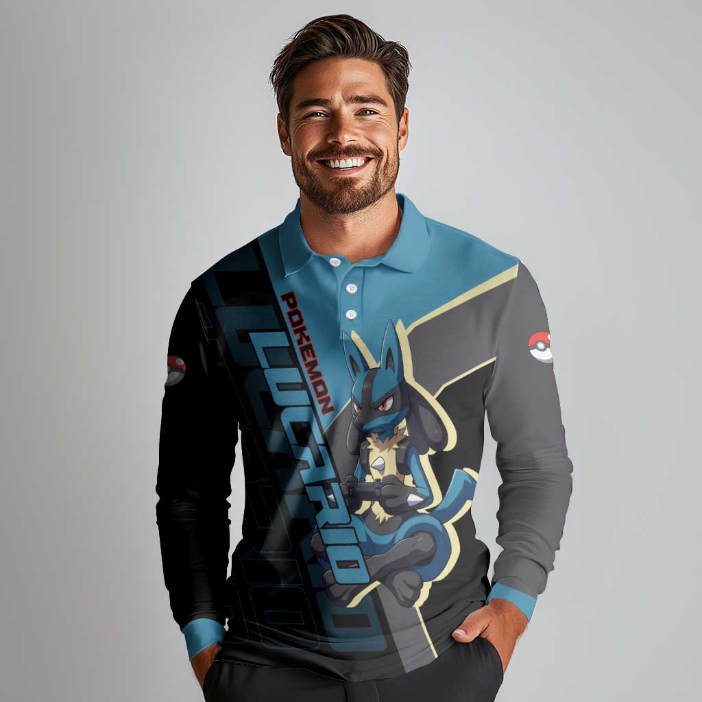 Lucario Poké Long Sleeve Polo Shirt Edgy Retro Anime Style