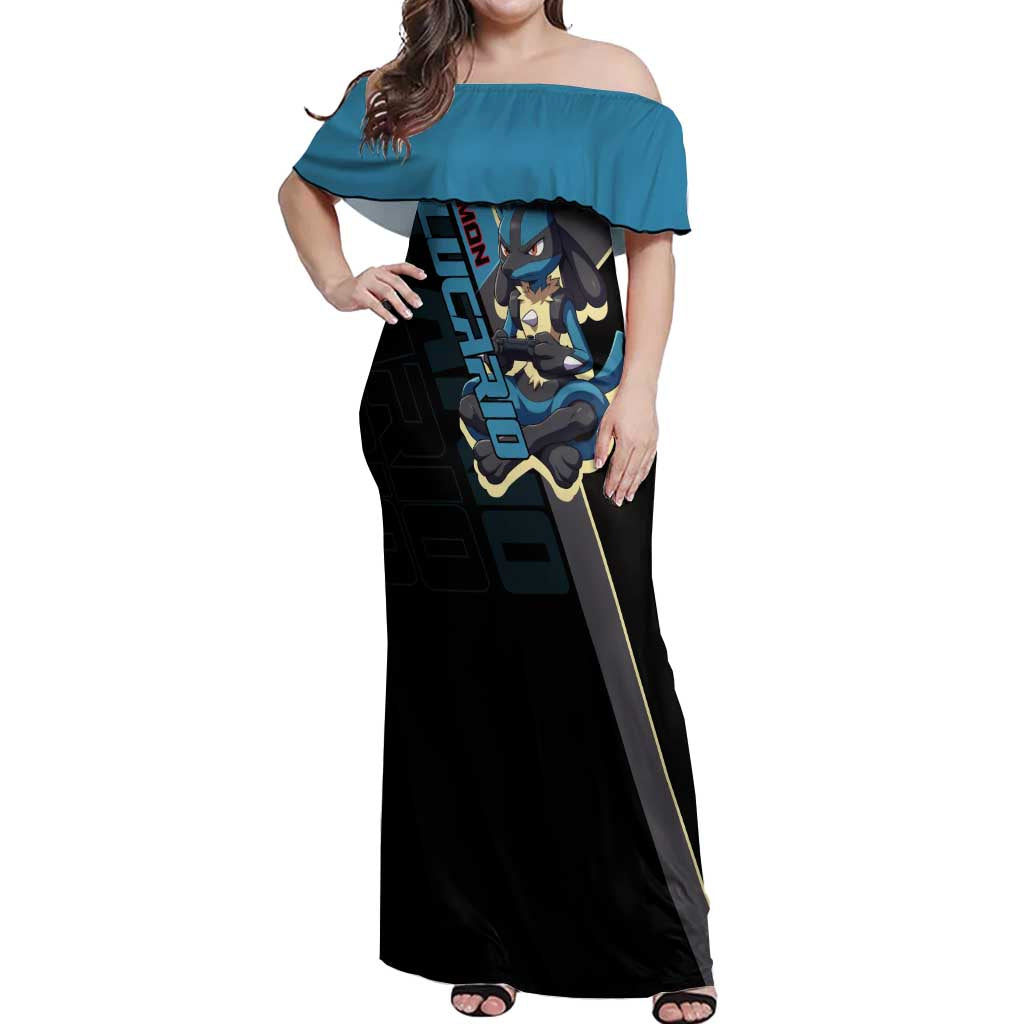 Lucario Poké Off Shoulder Maxi Dress Edgy Retro Anime Style