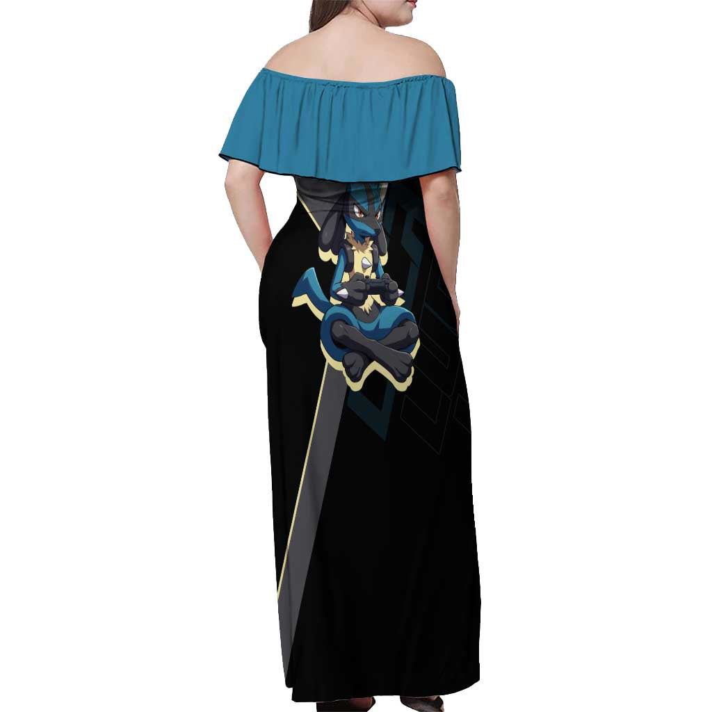 Lucario Poké Off Shoulder Maxi Dress Edgy Retro Anime Style