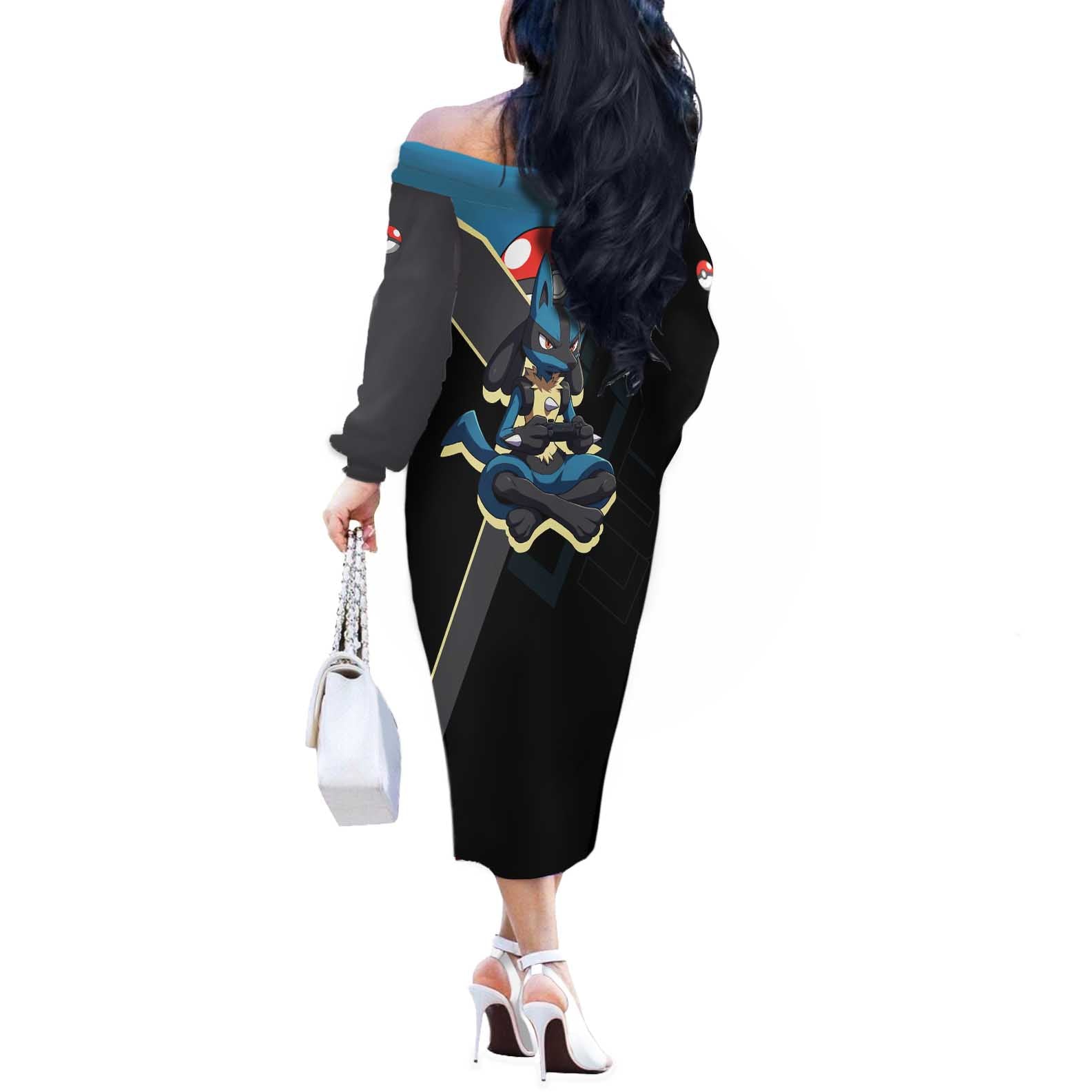 Lucario Poké Off The Shoulder Long Sleeve Dress Edgy Retro Anime Style