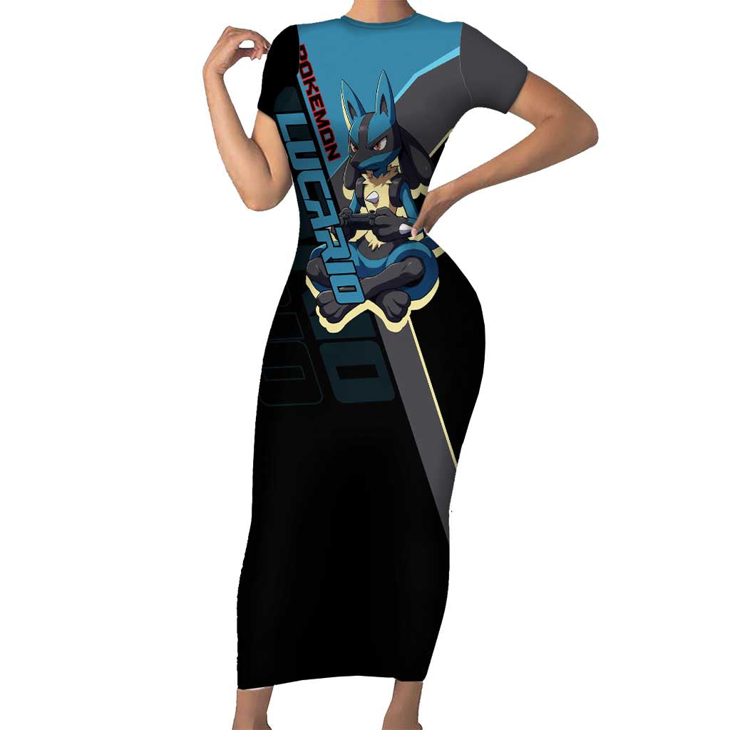 Lucario Poké Short Sleeve Bodycon Dress Edgy Retro Anime Style