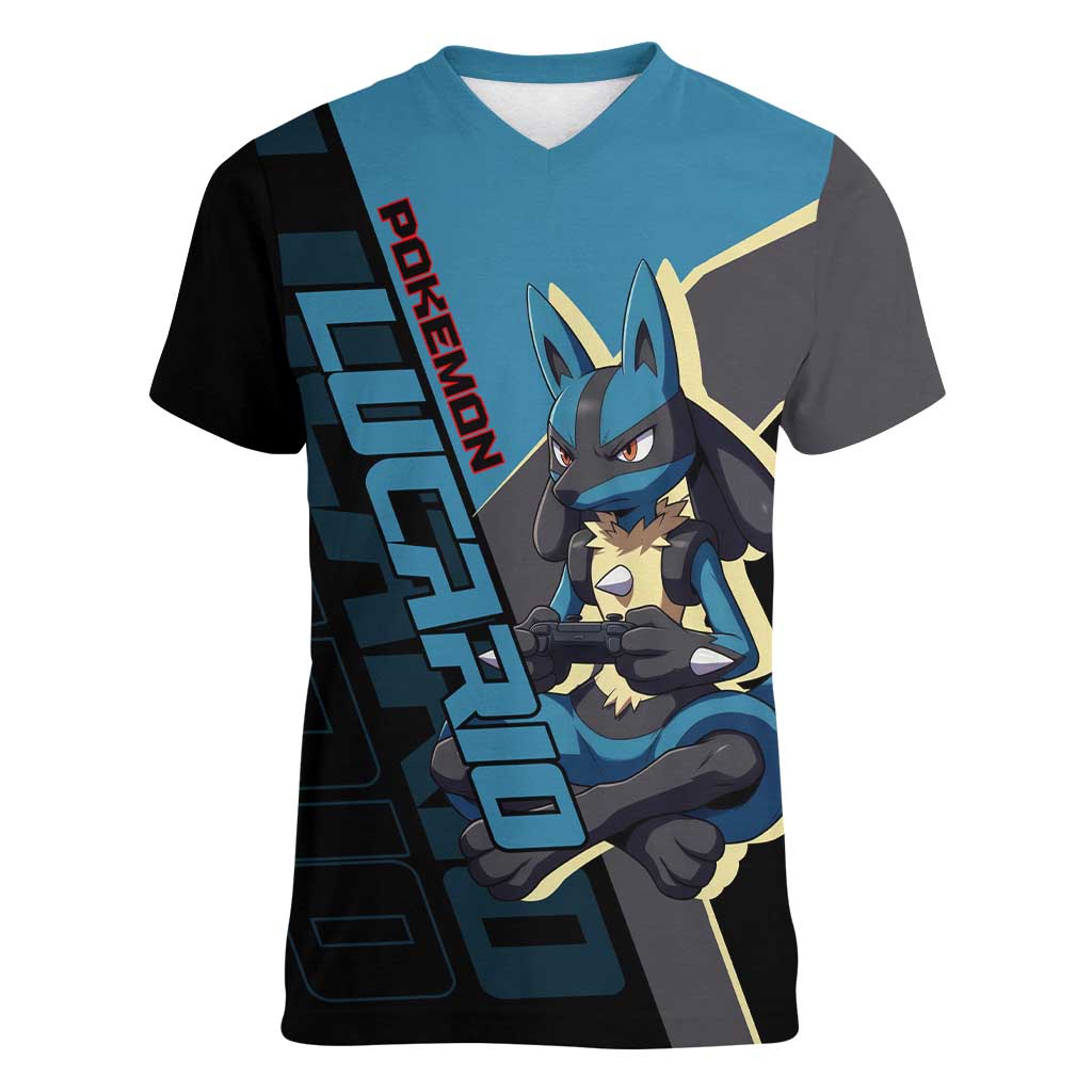 Lucario Poké Women V-Neck T-Shirt Edgy Retro Anime Style