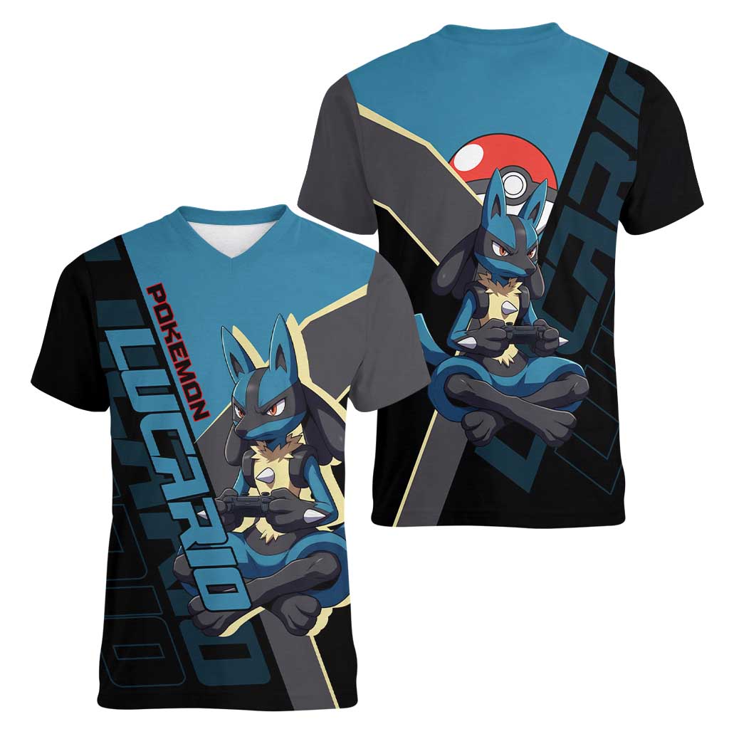 Lucario Poké Women V-Neck T-Shirt Edgy Retro Anime Style