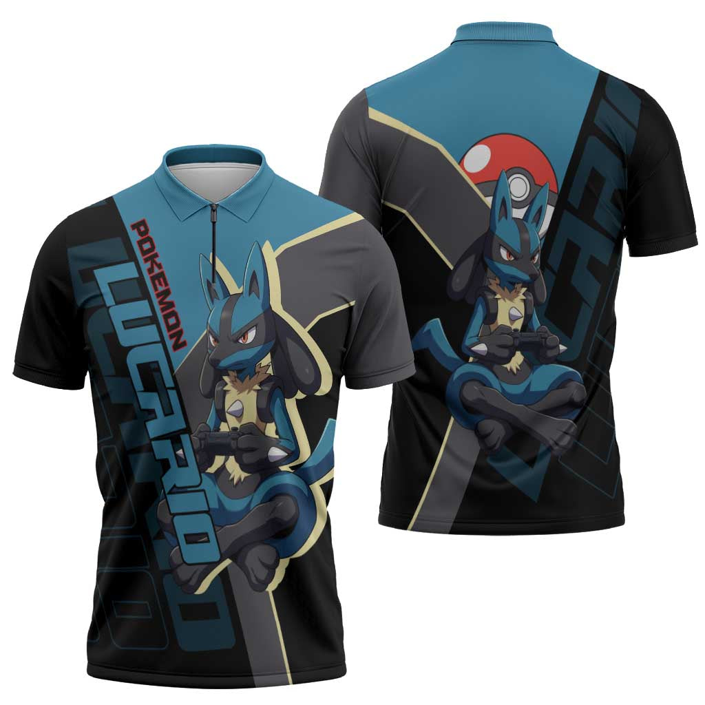 Lucario Poké Zipper Polo Shirt Edgy Retro Anime Style